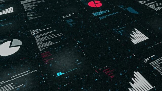 Digital data and computer graphs background with changing data, seamless loop. Animation. Digital information with lines of code.