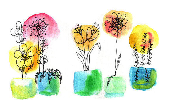 Set di fiori stilizzati in vasi, illustrazione ad acquerello e inchiostro isolata su sfondo bianco