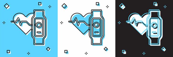 Set Smart watch showing heart beat rate icon isolated on blue and white, black background. Fitness App concept. Vector