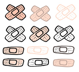 a set of medical patches in different versions. a hand-drawn collection of medical patch contour in the style of black and flesh-colored doodles, isolated elements on white for a packaging design temp