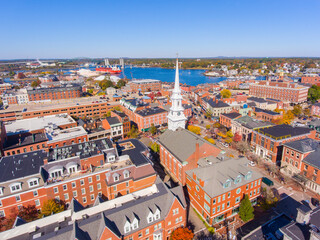Portsmouth historic downtown aerial view at Market Square with historic buildings and North Church...