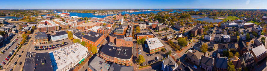 Portsmouth historic downtown panoramic aerial view at Market Square with historic buildings and North Church on Congress Street in city of Portsmouth, New Hampshire NH, USA.