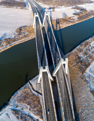 New modern Macharski double cable-stayed three-lane suspension bridge over Vistula River in Krakow,...