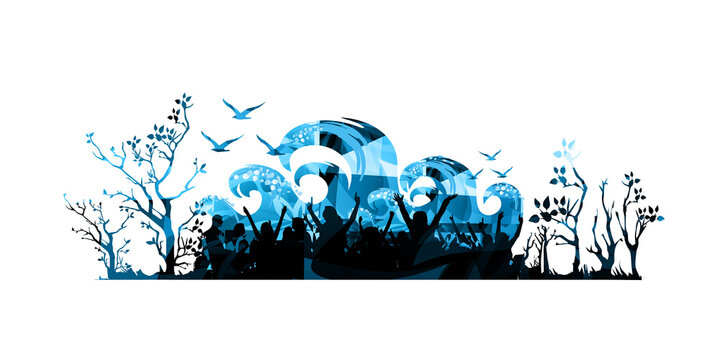 People with raised hands at live show event. Music festival happy crowd cheering. Summer party by the sea flyer. Concert audience, celebration vector illustration