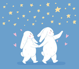 The rabbit gives flowers to the rabbit in the window. Romantic vector illustration for happy valentine's day. Gray rabbit and white bunny girl with a bouquet. Cute couple in love for a postcard.