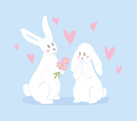 Rabbit boy gives bouquet to rabbit girl. Couple on valentine's day. Cute vector illustration for a love card. Confused Bunny. White bunny on blue background.