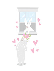 The rabbit gives flowers to the rabbit in the window. Romantic vector illustration for happy valentine's day. Gray rabbit and white bunny girl with a bouquet. Cute couple in love for a postcard.