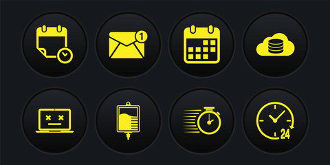 Set Dead laptop, Cloud database, IV bag, Stopwatch, Calendar and New, email incoming message icon. Vector