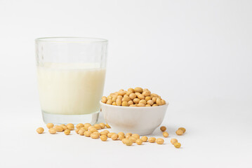 High protein product soybeans is popular ingredient for variant of vegetable milk. Dry, raw soybean, soy bean, or soya bean  one of types asian legume in boul  white background with copy space