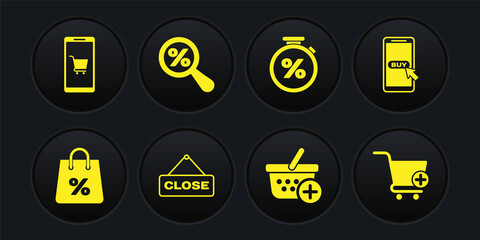 Set Shopping bag with percent, Mobile and shopping cart, Hanging sign Close, Add to basket, Stopwatch, Magnifying glass, and icon. Vector