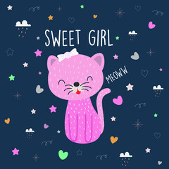 Cute kitten on a patterned background for design print.