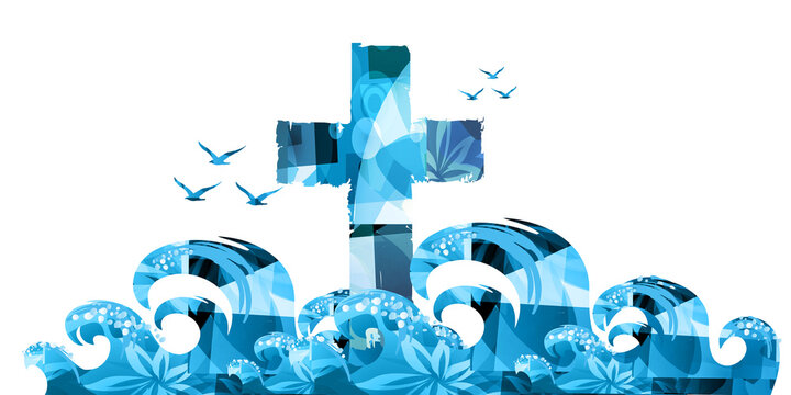 Christian cross isolated with waves and seagulls vector illustration. Religion themed background. Design for Christianity, prayer and care, church service, communion, charity, help and support