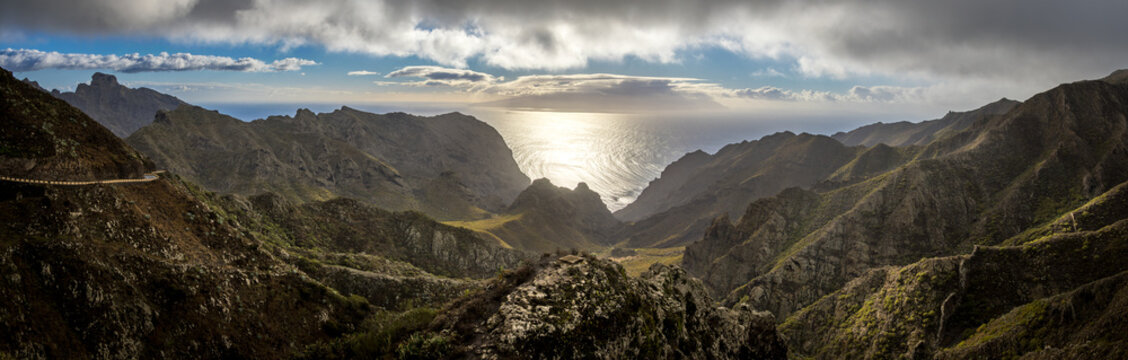 Panoramic view of the Teno mountain range, Tenerife, Spain, with the atlantic ocean and the island of Gomera in the background