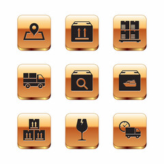Set Placeholder on map, Cardboard box with traffic, Fragile broken glass, Search package, Delivery truck boxes, pallet, and clock and icon. Vector