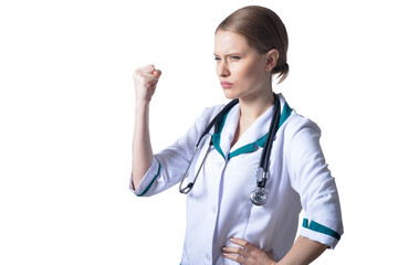 Portrait of angry female doctor isolated on white background