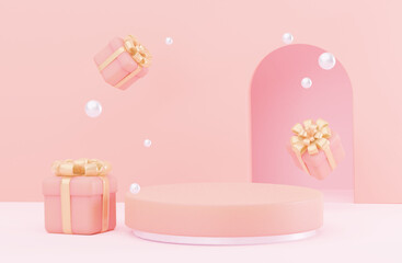 A pastel pink color podium with gifts. 3D rendering.