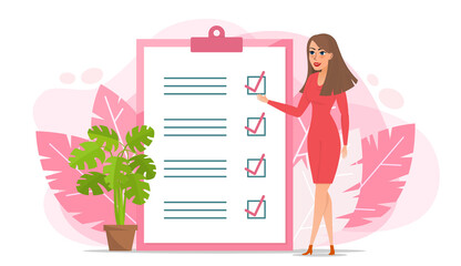The girl notes completed tasks in the application. Female character points to the checkboxes on the checklist. To-do list. Time management and planning. Cartoon flat illustration isolated on white.