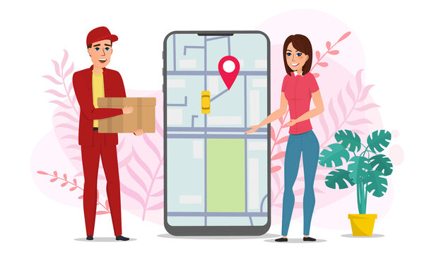 Safe delivery online service concept. A young courier delivers a package to a woman. Delivery to your doorstep. Cartoon flat vector illustration isolated on white.