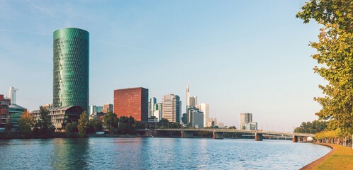 Skyscrapers of Central business district (Bankenviertel) and Gutleutviertel in Frankfurt, Germany. Panoramic cityscape at sunset