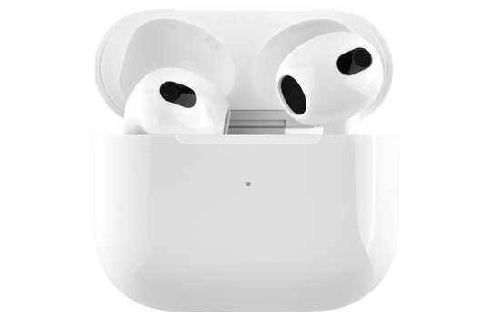 Rostov-on-Don, Russia - January 2022. AirPods 3 generations on a white background. Headphones from the apple company close-up on a white background.