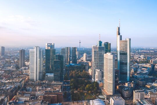 Skyscrapers of Central business district (Bankenviertel). Aerial cityscape of Financial centre in Frankfurt am Main, Germany. © uslatar