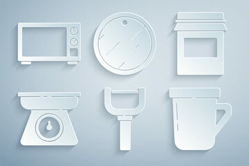 Set Peeler, Jam jar, Scales, Coffee cup, Cutting board and Microwave oven icon. Vector