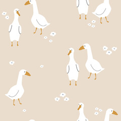 Seamless pattern with cute white gooses. Funny  rustic print. Vector hand drawn illustration. - 482252970