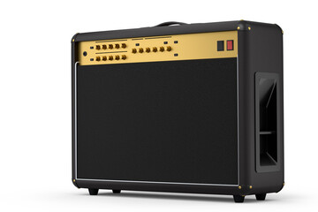 Classical electric and acoustic guitar amplifier isolated on white background.