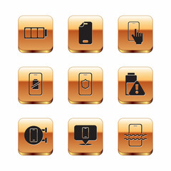 Set Battery, Phone repair service, Mobile with shield, Smartphone battery charge, Waterproof and Glass screen protector icon. Vector