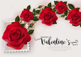 Valentine's day greeting card templates with realistic of beautiful rose and heart on background color.