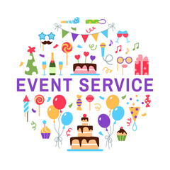 Event service circle concept on white background. Flat holiday management design. Birthday party dinner marriage wedding celebration arrangement business. Beautiful cake balloons vector illustration.