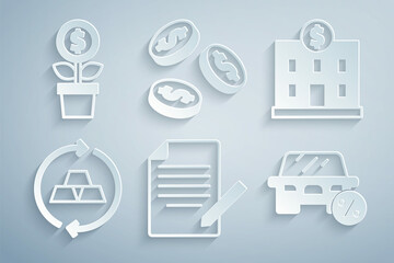 Set Document and pen, Bank building, Gold bars, Car leasing percent, Coin money with dollar and Dollar plant icon. Vector