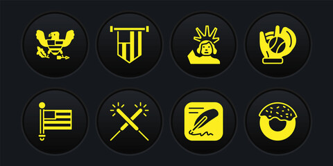 Set American flag, Baseball glove with ball, Sparkler firework, Declaration of independence, Statue Liberty, Donut and Eagle icon. Vector