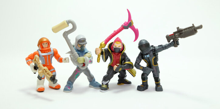 Fortnite. Toys from the video game by Epic Games. Free Battle Royale with different game modes for all types of players. Survival game. Action figures Mission Specialist, Dark Voyager, Drift, Abstrakt
