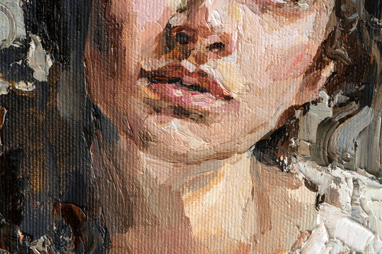 Art painting. Portrait of a girl with red lips is made in a classic style. Background is grey.