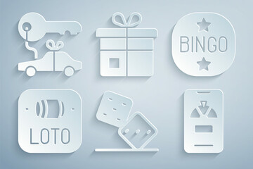 Set Game dice, Bingo, Lottery ticket, Lucky wheel on phone, Gift box and Car gift icon. Vector