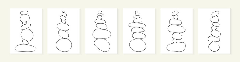 Balance stone simple line art vector Illustration. Modern minimalist abstract wall decor. Outline collection of zen rock balancing. Linear stones for calm spa design. Meditation pebble poster