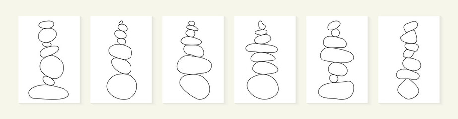 Balance stone simple line art vector Illustration. Modern minimalist abstract wall decor. Outline collection of zen rock balancing. Linear stones for calm spa design. Meditation pebble poster