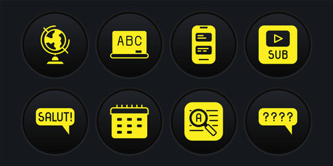 Set Salut in different languages, Video with subtitles, School timetable, Translator, Online translator, Chalkboard, Speech bubbles Question and Earth globe icon. Vector