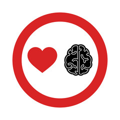 No overtaking traffic sign with heart and a brain icon, reason and sentiment creative concept, vector illustration