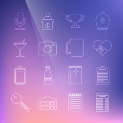Set line Paper or financial check, Clipboard with document, Heart rate, Trophy cup, Photo camera, Martini glass, Microphone and Coffee icon. Vector