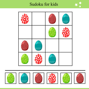 Sudoku for kids with easter eggs, educational game. Vector illustration
