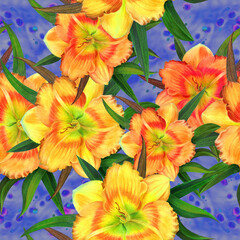 Flowers on a watercolor background. Yellow Daylily. Watercolor wallpaper with floral motifs. Seamless pattern floral watercolor. Watercolor flowers.