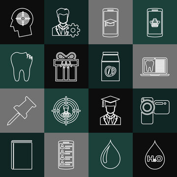 Set line Water drop with H2O, Cinema camera, Laptop dental card, Graduation cap on mobile, Gift box, Broken tooth, Head hunting concept and Coffee beans bag icon. Vector