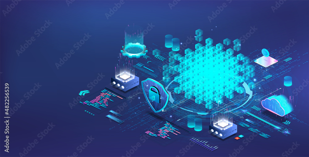 Poster Financial technologies on the blockchain system for crypto currency. Isometric illustration mining cryptocurrency, fintech, network. Online blockchain service cryptocurrency mining. Vector isometric