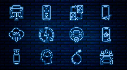 Set line Car sharing, Flight mode the mobile, Data exchange with hhd, Recharging, Methane emissions reduction, and icon. Vector