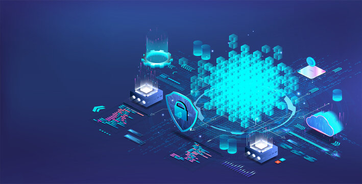 Financial technologies on the blockchain system for crypto currency. Isometric illustration mining cryptocurrency, fintech, network. Online blockchain service cryptocurrency mining. Vector isometric