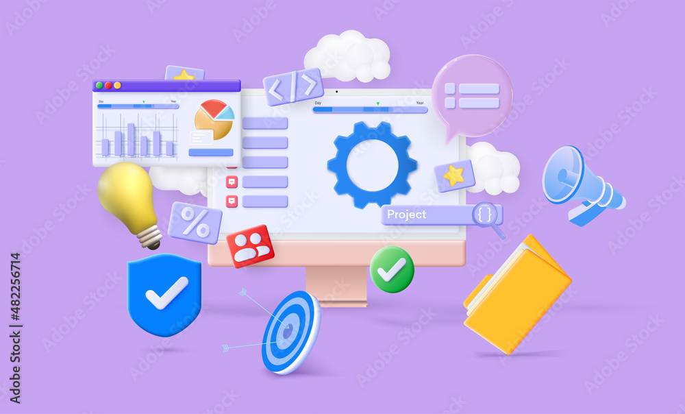 Poster on the background of a 3d computer, flying, floating elements, graph, horn, obalko, folder. the conc