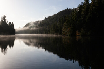 Kennedy River estuary on a misty morning, near Tofino, Clayoquot Sound, Vancouver Island, B.C., Canada.