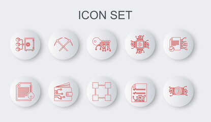 Set line Cryptocurrency bitcoin in circuit, Smart contract, key, Proof of stake, Crossed pickaxe, wallet and Blockchain technology icon. Vector